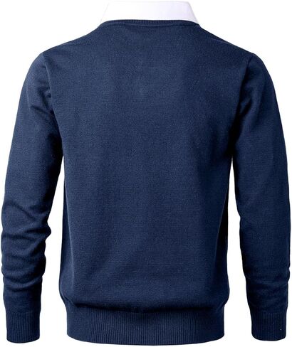 سترة رجالية متماسكة سترة صوفية عصرية ناعمة الملمس ورقبة على شكل حرف V مع ياقة قميص وهمية باللون الأزرق الداكن in Kuwait