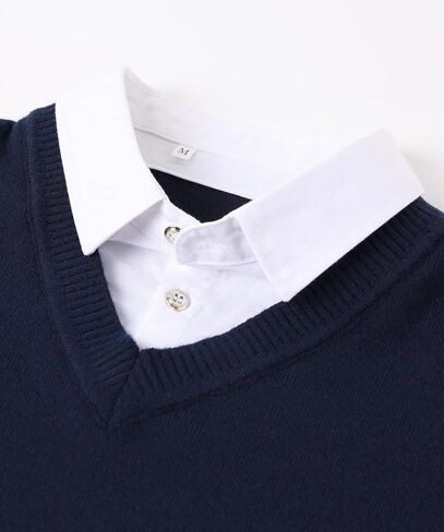 سترة رجالية متماسكة سترة صوفية عصرية ناعمة الملمس ورقبة على شكل حرف V مع ياقة قميص وهمية باللون الأزرق الداكن in Kuwait