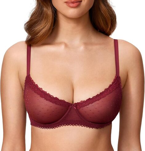 DOBREVA Women's Balconette Lace Bra See Through Demi Sheer Mesh Plus Size Underwire in Kuwait