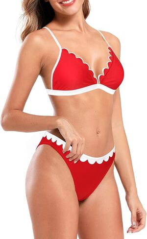 SHEKINI Women's V Neck Triangle Bikini Scalloped Trim Trikini Two Piece Swimsuit in Saudi Arabia