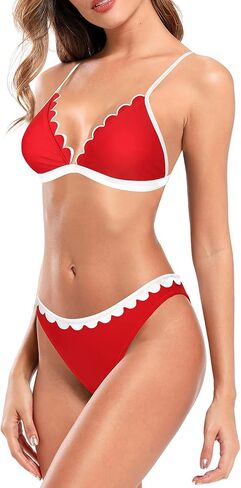 SHEKINI Women's V Neck Triangle Bikini Scalloped Trim Trikini Two Piece Swimsuit in Saudi Arabia