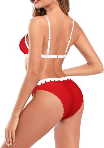SHEKINI Women's V Neck Triangle Bikini Scalloped Trim Trikini Two Piece Swimsuit in Saudi Arabia