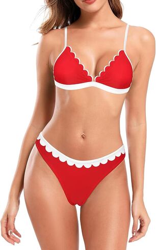 SHEKINI Women's V Neck Triangle Bikini Scalloped Trim Trikini Two Piece Swimsuit in Saudi Arabia