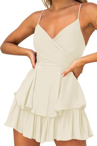 Hocuos Women's Dress Sexy V-Neck Adjustable Spaghetti Strap Waist Tie Sleeveless Layer Ruffle Hem A Line Mini Dress in Kuwait