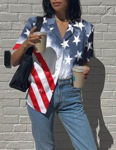 Patriotic Button Up Shirt Women: 4th of July Shirt American Flag Tops USA Flag Shirt Independence Day Tee in Saudi Arabia