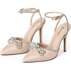Bieosnli Women's Satin Lace Up High Heel Sandals Ankle Buckle Straps Pump Rhinestone Strip Bowknot Pointed Toe Stiletto Sandals