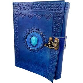 Leather Journal with Unlined Pages - Turquoise Blue Stone Leather Bound Writing Journal for Women & Men medieval Gemstone Studded Handmade Notebook Office Poetry Sketch Book Handcraft Paper Stone