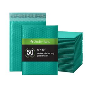 Quality Park Bubble Mailers, 6" x 9", Turquoise Poly Mailers, Padded Envelopes, Shipping Bags, Water Resistant, Self Seal, 50 Per Box (QUA85913)
