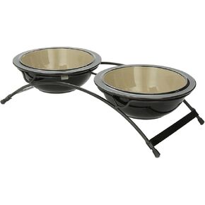 PetRageous 44339 Buddys Best Steel Frame Non-Skid Raised Dog Feeder 13-Inch by 5.75-Inch by 3-Inch Tall Anti Slip Dog Diner with 2 Dishwasher-Safe Stoneware 6-Inch 2-Cup Capacity Bowls, Brown