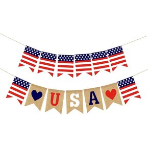 قطعتان من ديكورات الراية الوطنية في الرابع من يوليو باللون الأحمر والأزرق والأبيض بعلم الولايات المتحدة الأمريكية لافتة خيش الجوت لعيد الاستقلال في الرابع من يوليو وعيد العمال والمناسبات العسكرية ويوم العلم الأمريكي وديكور الحفلات in Kuwait