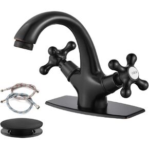 gotonovo Bathroom Sink Faucet Single Hole Double Cross Handle Knobs Lavatory Vessel Sink Mixer Tap Bathroom Faucet with Pop up Drain and Deck Cover Plate Polish Chrome