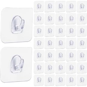 40 Pack Clear Wall Hooks, Command Small Plastic Adhesive Hooks for Hanging for The Bathroom Kitchen with Drill-Free Wall (Clear)