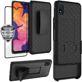 Galaxy A10e Case Holster with Screen Protector Tempered Glass, Ailiber Rugged Full Body Shockproof Armor/Belt Clip/Kickstand Holder 2in1 Slim Hard Protective Cover for Samsung GalaxyA10E -Black