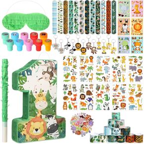 95 Pcs Jungle Safari Party Favors Include Wild One Piñata Stick Blindfold Zoo Animal Stickers Forest Slap Bracelets Stampers Temporary Tattoo Keychains for Jungle Safari Birthday Party Supplies