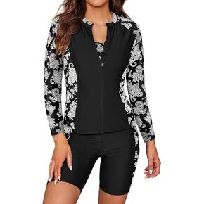 SHEKINI Women's 3 Piece Rash Guard Long Sleeve Swimsuits Zip Bathing Suits with Pants UPF 50+ Shirt