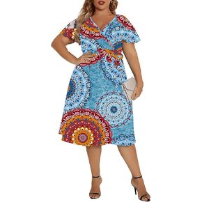Women's Plus Size Short Dresses Deep V Neck Wrap African Dress Flowy 3/4 Sleeve Cocktail Party Dresses with Belt