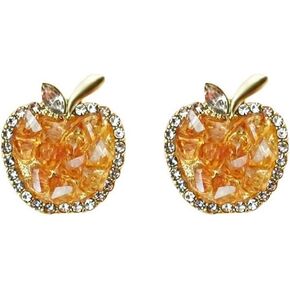 Cute Apple Stud Earrings Fruit Crystal Cubic Zirconia Orange Statement Earring Sweet Cartilage Small Studs Posts S925 Sterling Silver Fashion Jewelry for Women Girls Christmas Eve Xmas School Graduation Gifts