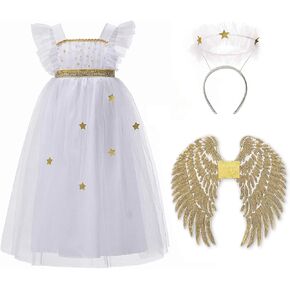 White Starlight Angel Costumes for Girls, Fluttery Fairy Dress with Wings and Halo