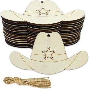 30 pcs 4 Inch Unfinished Cowboy Hat Wood Cut Out Cowboy Hat Wood DIY Crafts Cutouts Blank Wooden Cowboy Hat Shaped Ornaments Tags