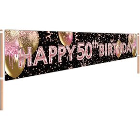 PinK Happy 50th Birthday Banner Rose Gold 50th Birthday Yard Sign PinK 50th Birthday Party Supplies Decoration Rose Gold 50th Birthday Party BacKdrop (9.8x1.6 FT)