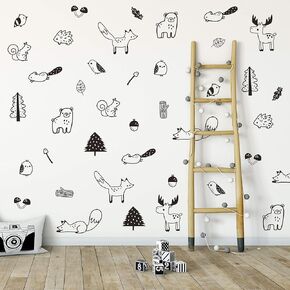 Forest Animal Wall Decals Peel and Stick for Kids, Baby Bedroom Nursery and Living Room, Vinyl Wall Stickers Decor, Original Artist Design. 36 pcs Adhesive Nordic Style (Black)