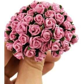 1 Bundle of 50 Bright Pink Artificial Flowers Paper Rose Flower Wedding Card Embellishment Scrapbook Craft L-119
