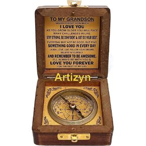 to My Grandson Brass Compass with Wooden Box Mom to Son Compass, Father to Son Gifts, Graduation Day Gifts for Son, Baptism, Confirmation & Communion Compass for Men & Women, Greeting Card Included