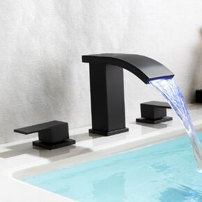 LED Bathroom Sink Faucet Waterfall 3 Hole Widespread Bathroom Faucet Modern 8 Inch Faucet for Lavatory Vanity with Two Handles, Matte Black