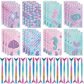 48 Pieces Mermaid Party Favors 24 Mini Mermaid Spiral Notebooks and 24 Mermaid Tail Pens Ocean School Stationery Set Class Reward Gift Prizes Under The Sea Birthday Party Gifts for Boys Girls