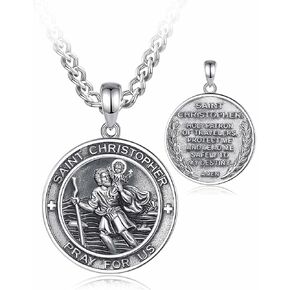 St Christopher Medal Necklace S925 Sterling Silver Patron Saint Amulet Pendant Necklace for Men Boys with 22"+2" Chain
