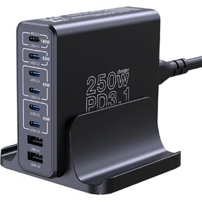 Aftertop 250W USB C Charger, 8-Ports PD3.1 140W Fast Charging Station, Compact Laptop GaN Charger for MacBook Pro, iPad, iPhone 15 14 Series, Galaxy S23/S22, Pixel and More