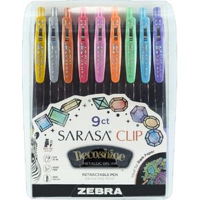 Zebra Pen Sarasa Clip Decoshine Retractable Gel Pen, Fine Point, 0.5mm, Assorted Metallic Gel Ink, 9-Pack, (49009)