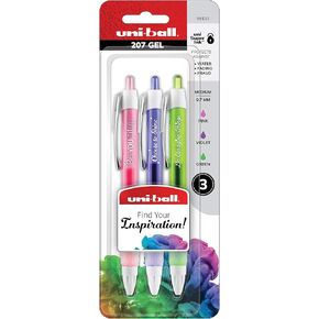 Uni-Ball Uniball Signo 207 Pens, Inspirational Sayings Retractable Gel Pens, 3 Pack, Medium Point 0.07 Mm, Assorted Colors, Pink, Violet, & Green Colors, Vibrant Colored Pens For Note Taking