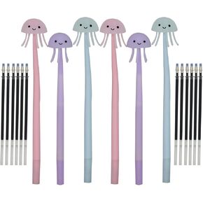 12 PCS Novelty Jellyfish Pens Bendable Luminous Gel Pens Soft Silicone Rollerball Pens With 24 Pieces Refills Black Ink Pens 0.5mm For School Office Home Stationery