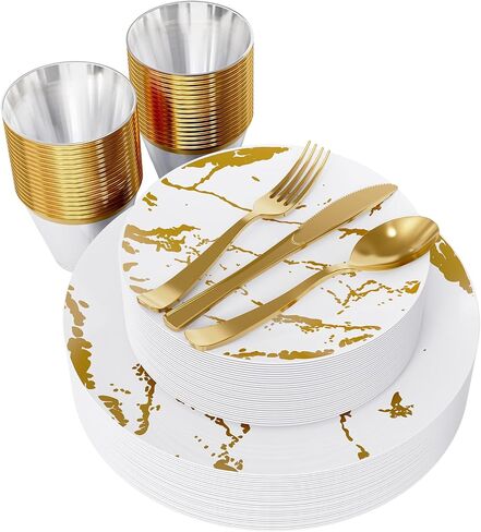 JOLLY PARTY 180PCS Disposable Dinnerware Set 30 Guest, 60 Black and Gold Plastic Plates, 30 Plastic Silverware, 30 Plastic Cups, Marble Design Plastic Dinnerware for Halloween, Wedding and Parties in Saudi Arabia