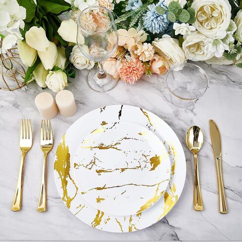 JOLLY PARTY 180PCS Disposable Dinnerware Set 30 Guest, 60 Black and Gold Plastic Plates, 30 Plastic Silverware, 30 Plastic Cups, Marble Design Plastic Dinnerware for Halloween, Wedding and Parties in Saudi Arabia
