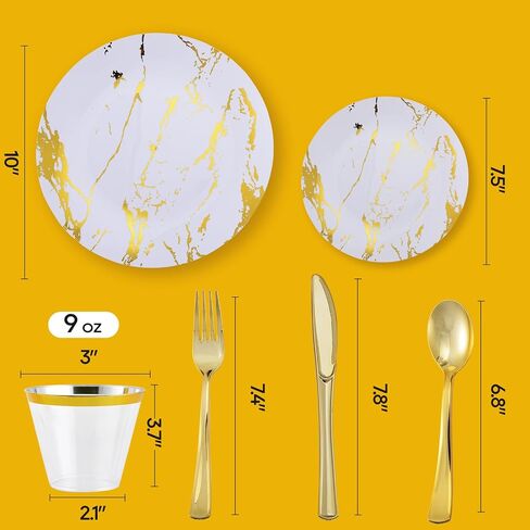 JOLLY PARTY 180PCS Disposable Dinnerware Set 30 Guest, 60 Black and Gold Plastic Plates, 30 Plastic Silverware, 30 Plastic Cups, Marble Design Plastic Dinnerware for Halloween, Wedding and Parties in Saudi Arabia
