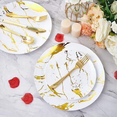 JOLLY PARTY 180PCS Disposable Dinnerware Set 30 Guest, 60 Black and Gold Plastic Plates, 30 Plastic Silverware, 30 Plastic Cups, Marble Design Plastic Dinnerware for Halloween, Wedding and Parties in Saudi Arabia