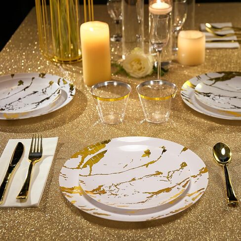 JOLLY PARTY 180PCS Disposable Dinnerware Set 30 Guest, 60 Black and Gold Plastic Plates, 30 Plastic Silverware, 30 Plastic Cups, Marble Design Plastic Dinnerware for Halloween, Wedding and Parties in Saudi Arabia