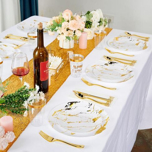 JOLLY PARTY 180PCS Disposable Dinnerware Set 30 Guest, 60 Black and Gold Plastic Plates, 30 Plastic Silverware, 30 Plastic Cups, Marble Design Plastic Dinnerware for Halloween, Wedding and Parties in Saudi Arabia