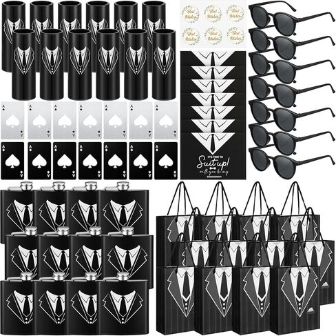 Bokon 48 Pcs Groomsmen Gifts for Men Stainless Steel Tuxedo Flask Groomsmen Gauge Glasses Poker Bottle Opener Groomsman Gift Bag Sunglasses with Cards for Wedding Bachelor Party Favors in Kuwait