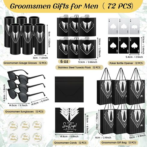 Bokon 48 Pcs Groomsmen Gifts for Men Stainless Steel Tuxedo Flask Groomsmen Gauge Glasses Poker Bottle Opener Groomsman Gift Bag Sunglasses with Cards for Wedding Bachelor Party Favors in Kuwait