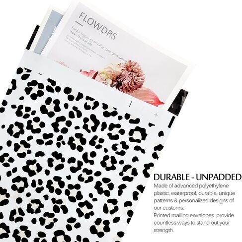 M&C Music Color 50 حزمة من رسائل البريد البلاستيكية مقاس 14.5 × 19، أكياس تغليف لطيفة على شكل مغلفات من البوليستر لتغليف مستلزمات الأعمال الصغيرة، وحقائب شحن لمستلزمات بوتيك الملابس (الفهد) in Kuwait