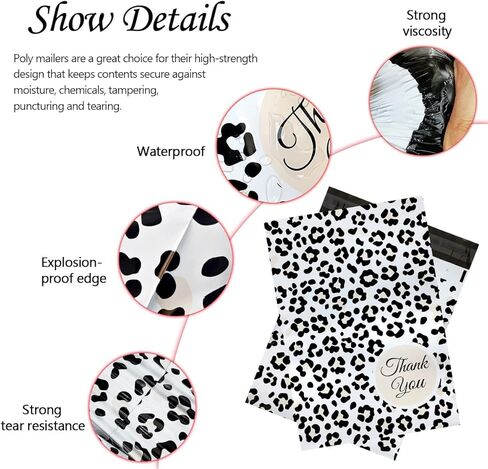 M&C Music Color 50 حزمة من رسائل البريد البلاستيكية مقاس 14.5 × 19، أكياس تغليف لطيفة على شكل مغلفات من البوليستر لتغليف مستلزمات الأعمال الصغيرة، وحقائب شحن لمستلزمات بوتيك الملابس (الفهد) in Kuwait