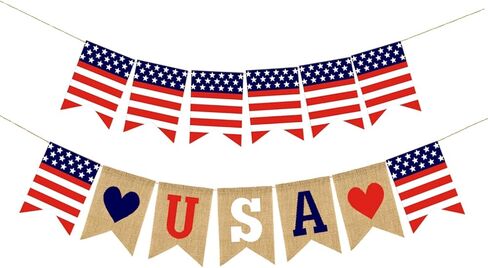 قطعتان من ديكورات الراية الوطنية في الرابع من يوليو باللون الأحمر والأزرق والأبيض بعلم الولايات المتحدة الأمريكية لافتة خيش الجوت لعيد الاستقلال في الرابع من يوليو وعيد العمال والمناسبات العسكرية ويوم العلم الأمريكي وديكور الحفلات in Kuwait