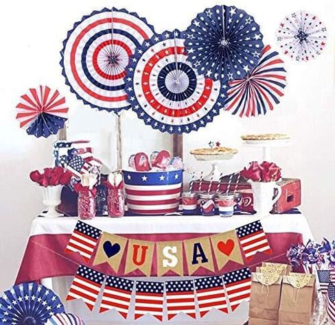 قطعتان من ديكورات الراية الوطنية في الرابع من يوليو باللون الأحمر والأزرق والأبيض بعلم الولايات المتحدة الأمريكية لافتة خيش الجوت لعيد الاستقلال في الرابع من يوليو وعيد العمال والمناسبات العسكرية ويوم العلم الأمريكي وديكور الحفلات in Kuwait