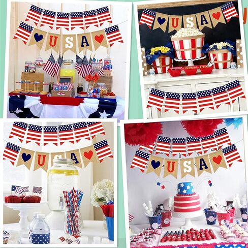 قطعتان من ديكورات الراية الوطنية في الرابع من يوليو باللون الأحمر والأزرق والأبيض بعلم الولايات المتحدة الأمريكية لافتة خيش الجوت لعيد الاستقلال في الرابع من يوليو وعيد العمال والمناسبات العسكرية ويوم العلم الأمريكي وديكور الحفلات in Kuwait