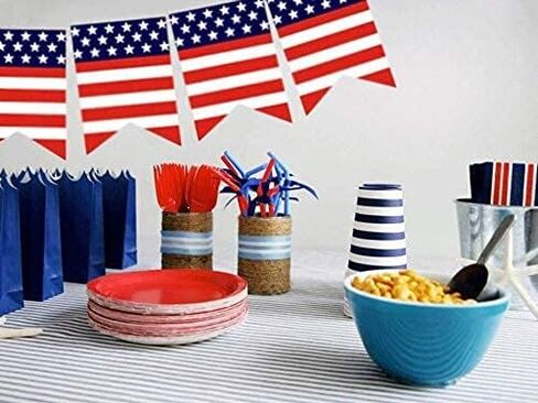 قطعتان من ديكورات الراية الوطنية في الرابع من يوليو باللون الأحمر والأزرق والأبيض بعلم الولايات المتحدة الأمريكية لافتة خيش الجوت لعيد الاستقلال في الرابع من يوليو وعيد العمال والمناسبات العسكرية ويوم العلم الأمريكي وديكور الحفلات in Kuwait