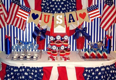 قطعتان من ديكورات الراية الوطنية في الرابع من يوليو باللون الأحمر والأزرق والأبيض بعلم الولايات المتحدة الأمريكية لافتة خيش الجوت لعيد الاستقلال في الرابع من يوليو وعيد العمال والمناسبات العسكرية ويوم العلم الأمريكي وديكور الحفلات in Kuwait