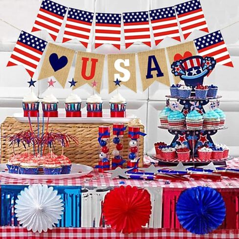 قطعتان من ديكورات الراية الوطنية في الرابع من يوليو باللون الأحمر والأزرق والأبيض بعلم الولايات المتحدة الأمريكية لافتة خيش الجوت لعيد الاستقلال في الرابع من يوليو وعيد العمال والمناسبات العسكرية ويوم العلم الأمريكي وديكور الحفلات in Kuwait